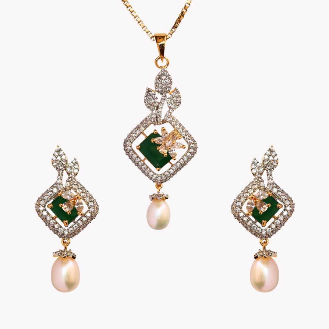 Emerald Jasper Pearl Pendant Set