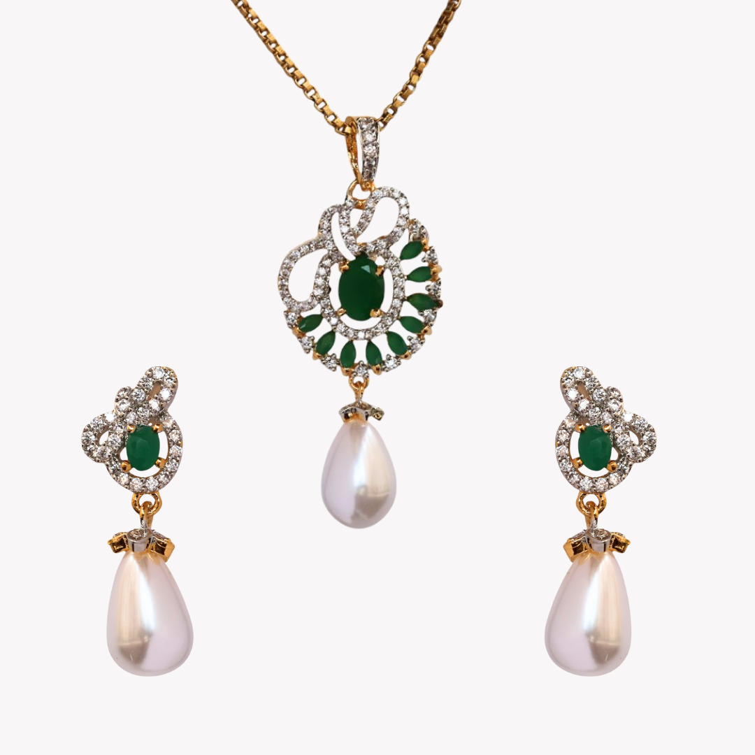 Emerald Camellia Pearl Pendant Set