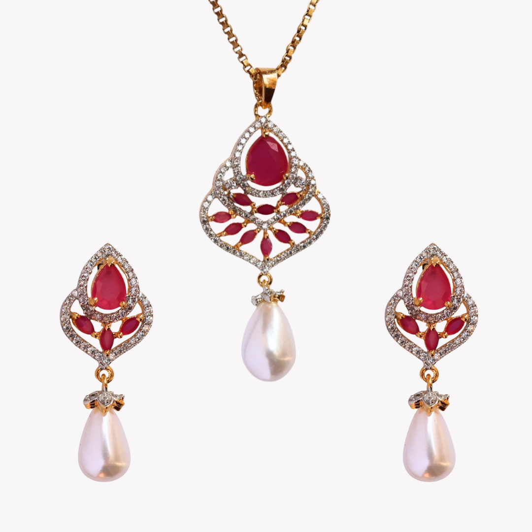 Ruby Amber Pearl Pendant Set