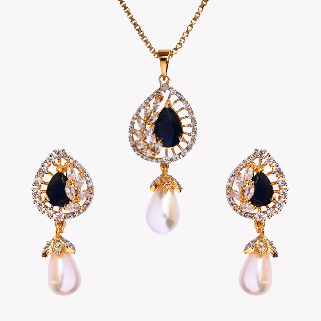 Sapphire Charm Pearl Pendant Set