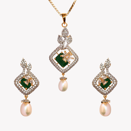 Emerald Jasper Pearl Pendant Set