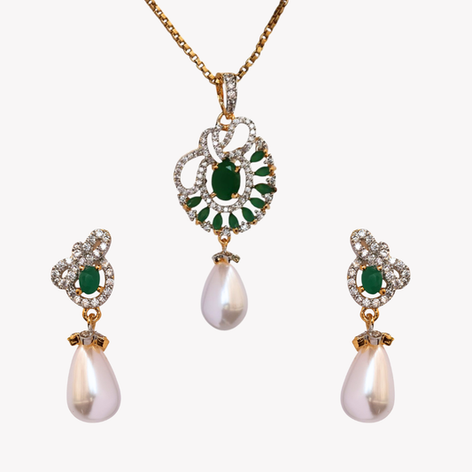 Emerald Camellia Pearl Pendant Set