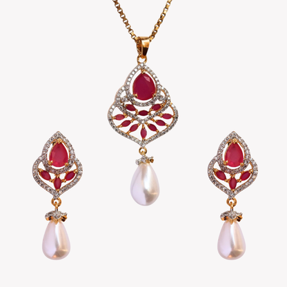 Ruby Amber Pearl Pendant Set