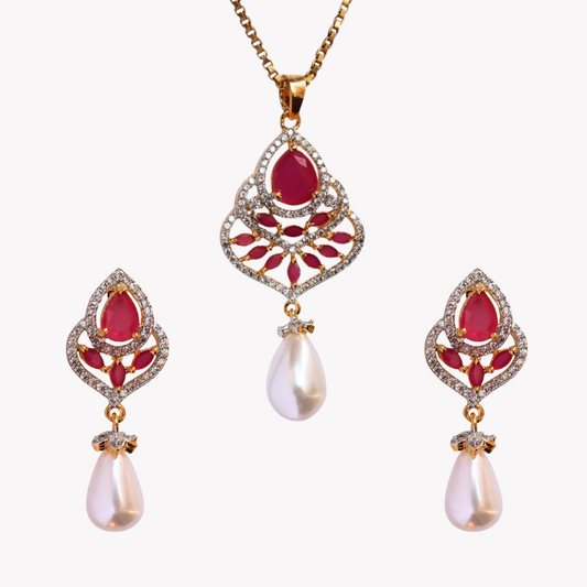 Ruby Amber Pearl Pendant Set