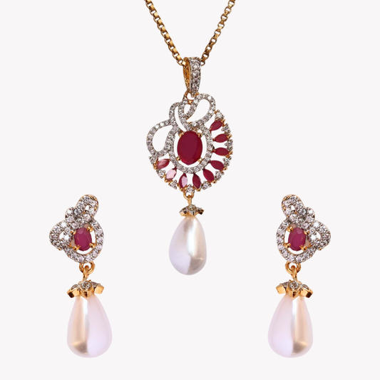 Ruby Camellia Pearl Pendant Set