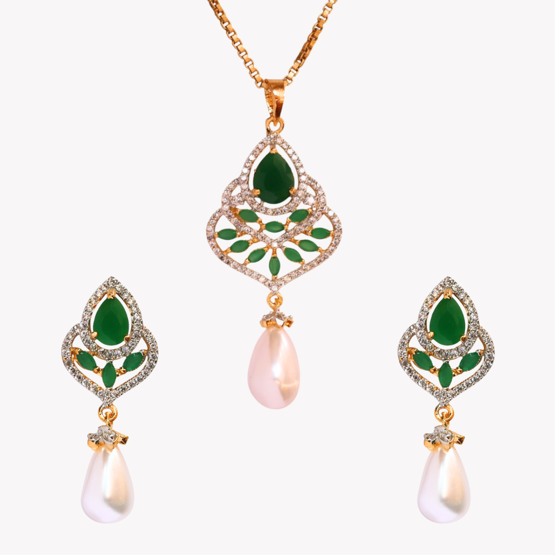 Emerald Amber Pearl Pendant Set