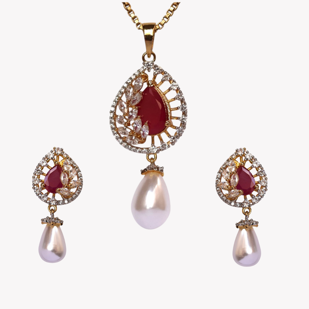 Ruby Charm Pearl Pendant Set