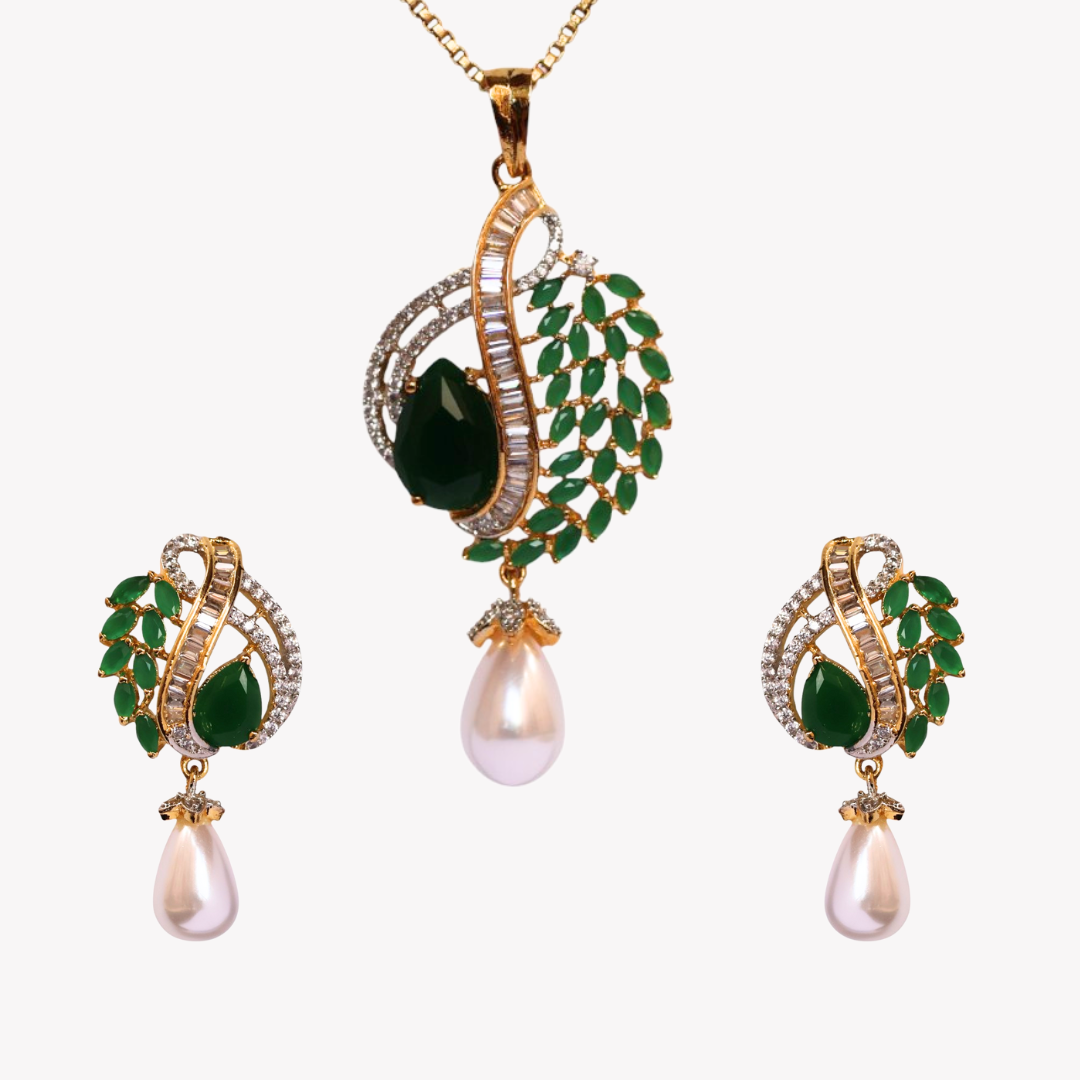 Emerald Radiant Pearl Pendant Set