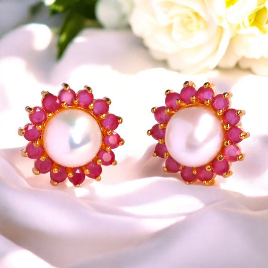 Ruby Pink Pearl Earrings